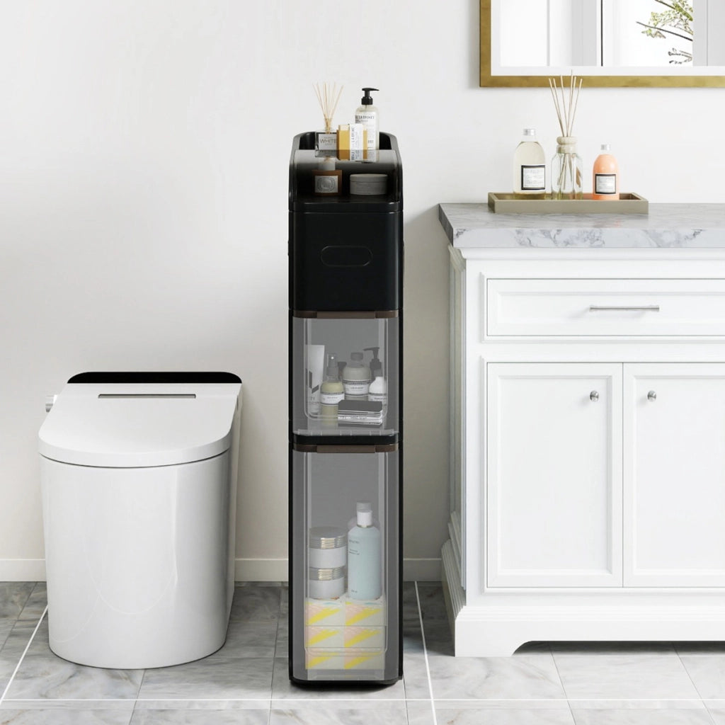 Mobiletto da bagno organizzatore 18 cm con 2 cassetti, Mobiletto da bagno portafazzoletti ripiano superiore Nero-Armadietti da bagno