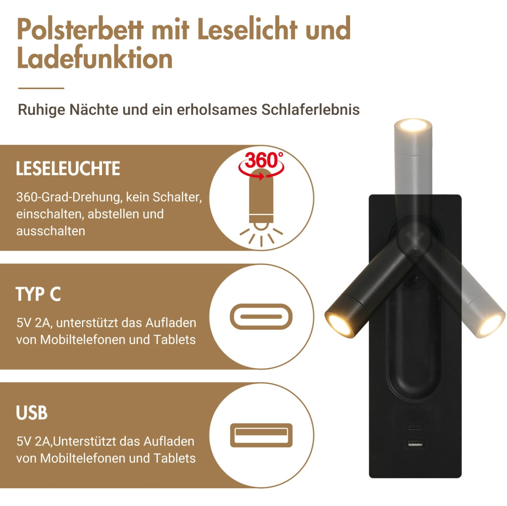 Letto matrimoniale 180x200 grigio con LED, USB-C e contenitore