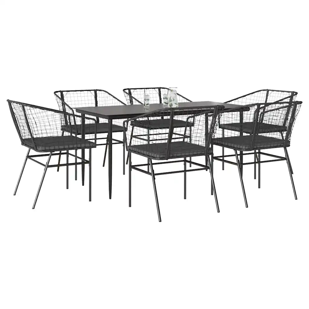 Set Pranzo da Giardino 7 pz Nero con Cuscini Polyrattan Vetro 3334503