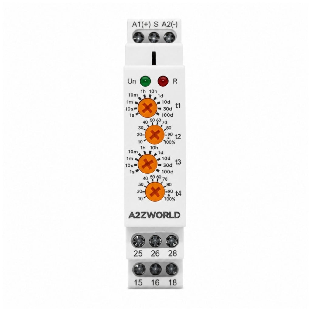 Relè Temporizzato Ciclico Asimmetrico, AC/DC 12-240V, 2 Contatti SPDT 16A, Timer Pausa Lavoro, Relay Lampeggiatore, Rele Intermittente, 1 Modulo Barra DIN