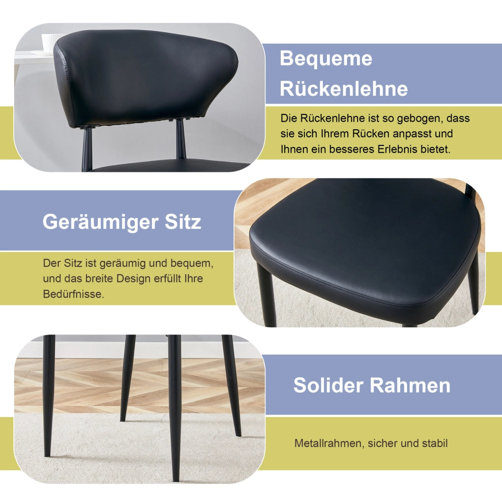 Set di 2 sedie da pranzo moderne nere in PU con schienale ergonomico e gambe in metallo