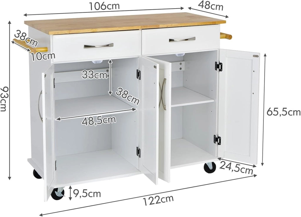 Carrello da Cucina con Cassetti, Isola Cucina con Piano in Legno di Gomma, con 4 Ante Ripiani Regolabili e Porta Asciugamani, per Cucina Bar Ristorante, 122x48x93 cm (Bianco)