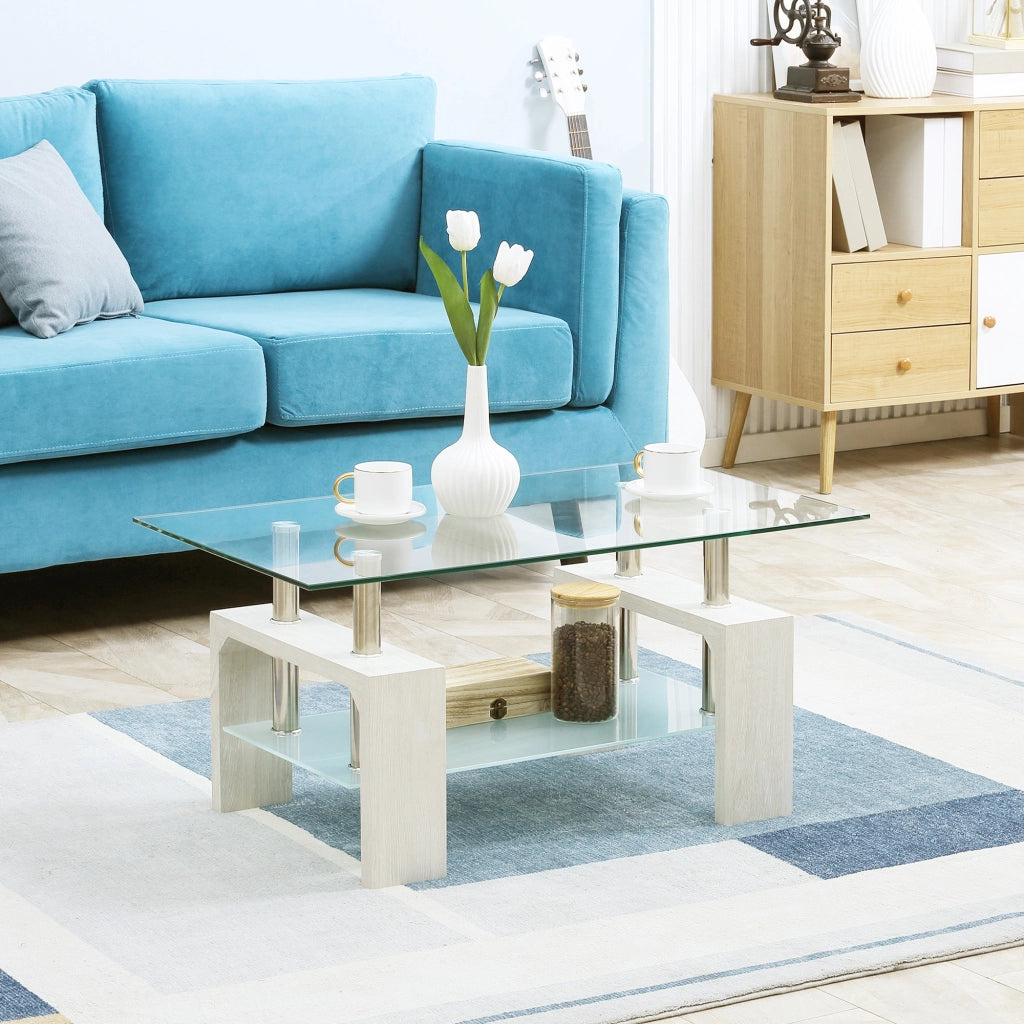 EasyComfort Tavolino da Caffè Moderno a 2 Livelli in Vetro e Legno, 90x50x42cm, Bianco