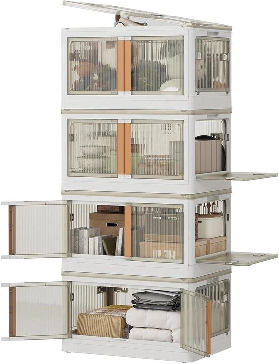 Cassetta di archiviazione trasparente in plastica con coperchio, 4 pezzi, 72 l, con ruote e 5 lati apribili