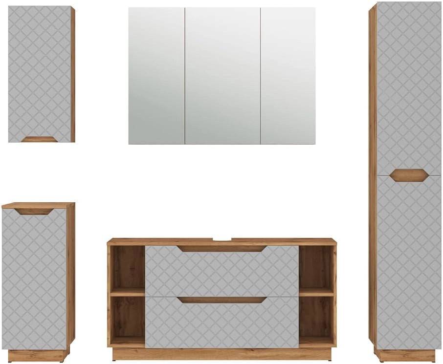 Set di mobili da bagno Lotta, Grigio, 119.2 cm, composto da mobile sottolavabo, specchiera, colonna, base media e pensile