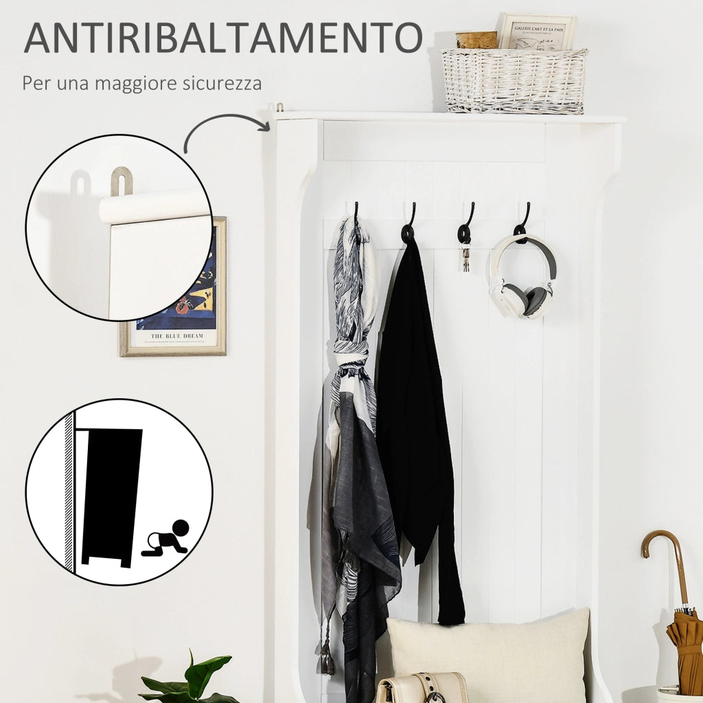 Easycomfort Appendiabiti da Terra Moderno 3 in 1 con 4 Ganci, Panca Contenitore e Attaccapanni, Salvaspazio Mobile da Ingresso, Corridoio, Camera da Letto in Legno, 71.5x39.5x170 cm, Bianco