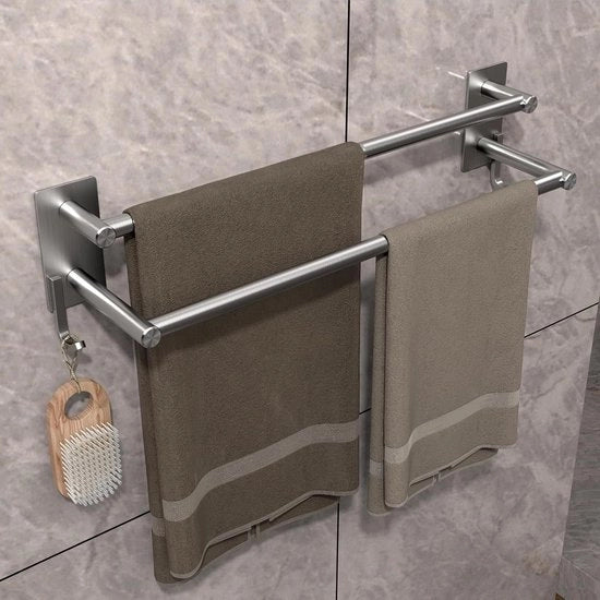Maniglione per asciugamani autoadesivo | SUS 304 Rvs | Supporto asciugamani per bagno | 17.5" 2 livelli | Montaggio a parete con maniglioni opachi a doppio braccio | Maniglioni di appoggio per asciugamani in legno