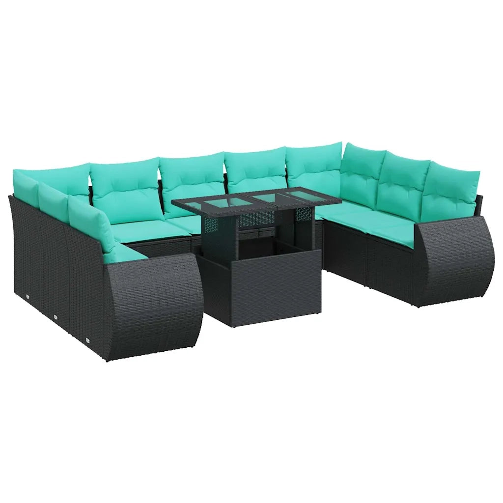 Set Divani Giardino 10pz con Cuscini Nero in Polyrattan Acacia 3326698