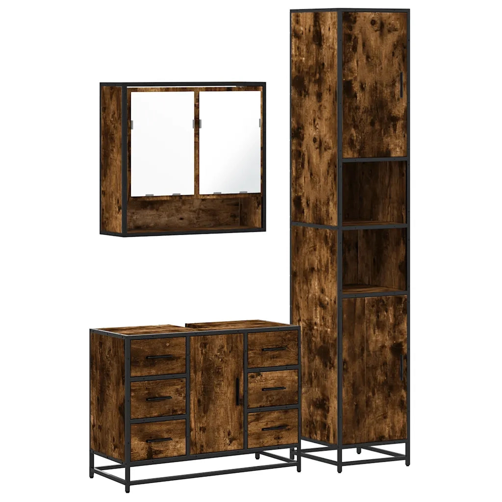 Set Mobili da Bagno 3 pz Rovere Fumo in Legno Multistrato 3301112