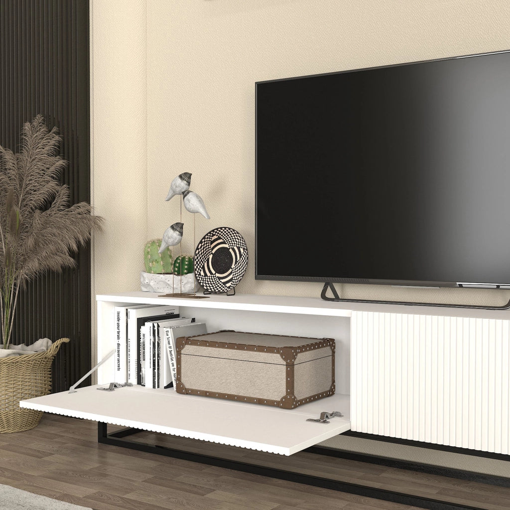 Mobile Porta TV Verpsboga a 2 Ante Decorative e Telaio Lungo in Metallo 180x32x47 cm - Bianco [en.casa]