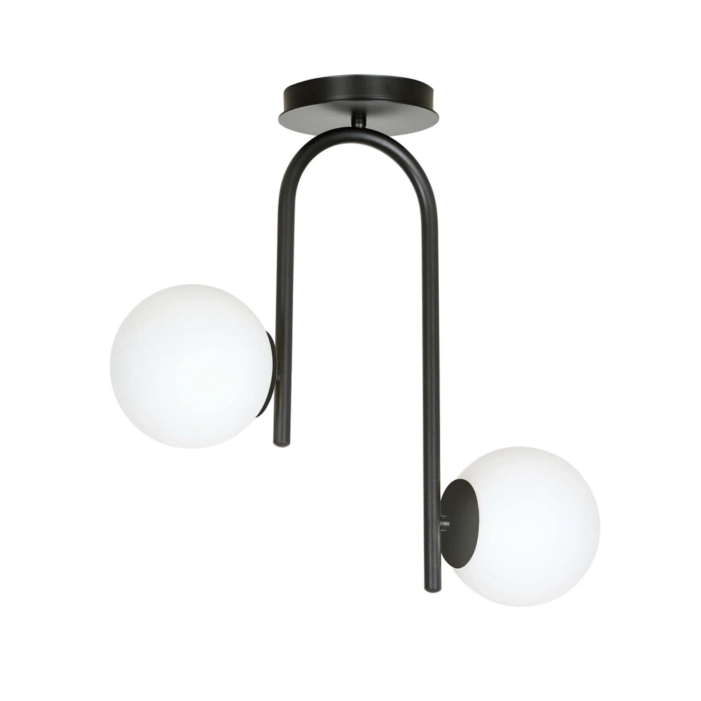 Lampadario 2 Luci Rama In Acciaio Nero A Bracci E Sfere In Vetro Opalino