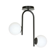 Lampadario 2 Luci Rama In Acciaio Nero A Bracci E Sfere In Vetro Opalino