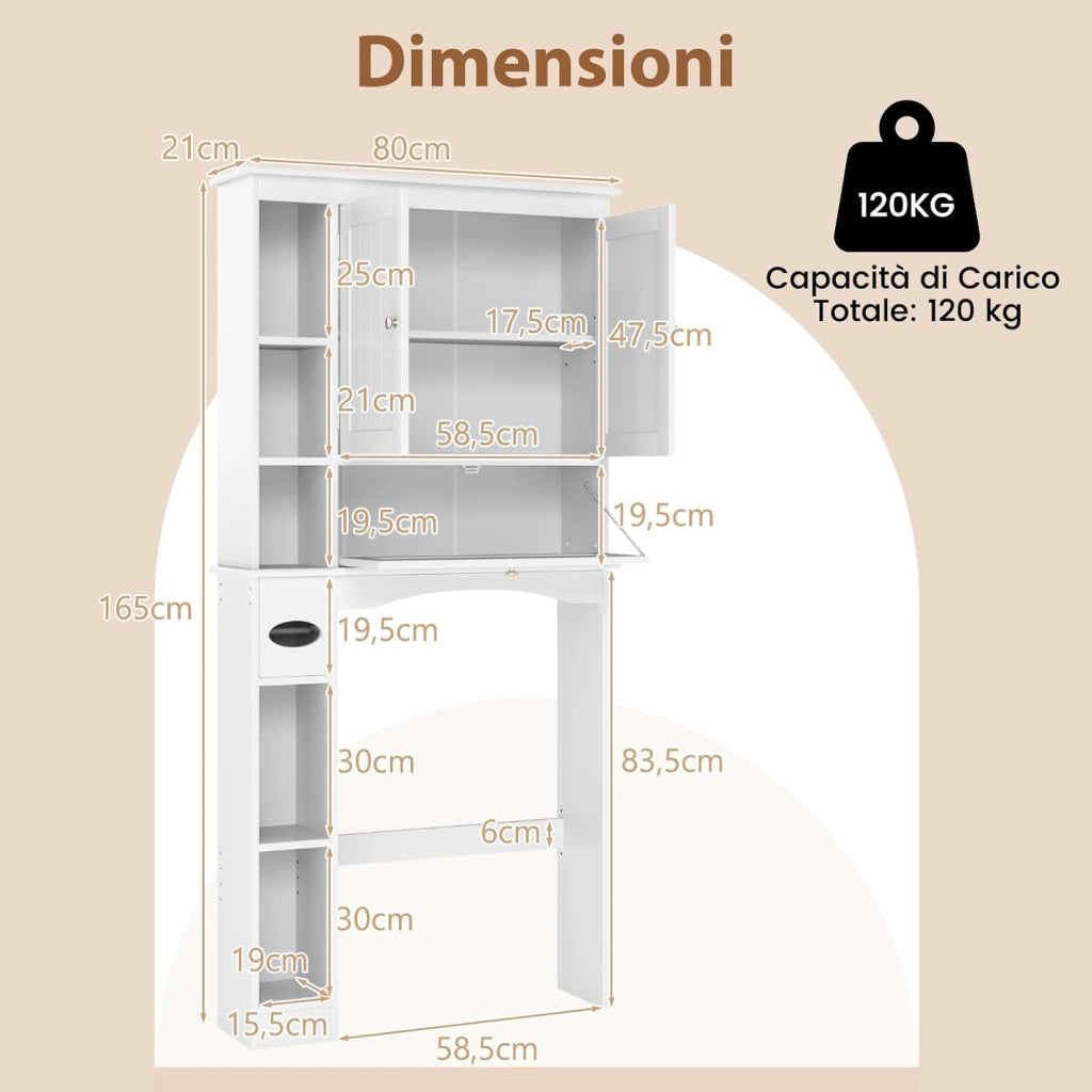 Mobiletto Spora WC 80 x 21 x 165 cm, Scaffale Lavatrice con 2 Ante, Ripiano Regolabile, Barra Inferiore e Porta Carta Igienica, Mobile Portabiancheria per Bagno