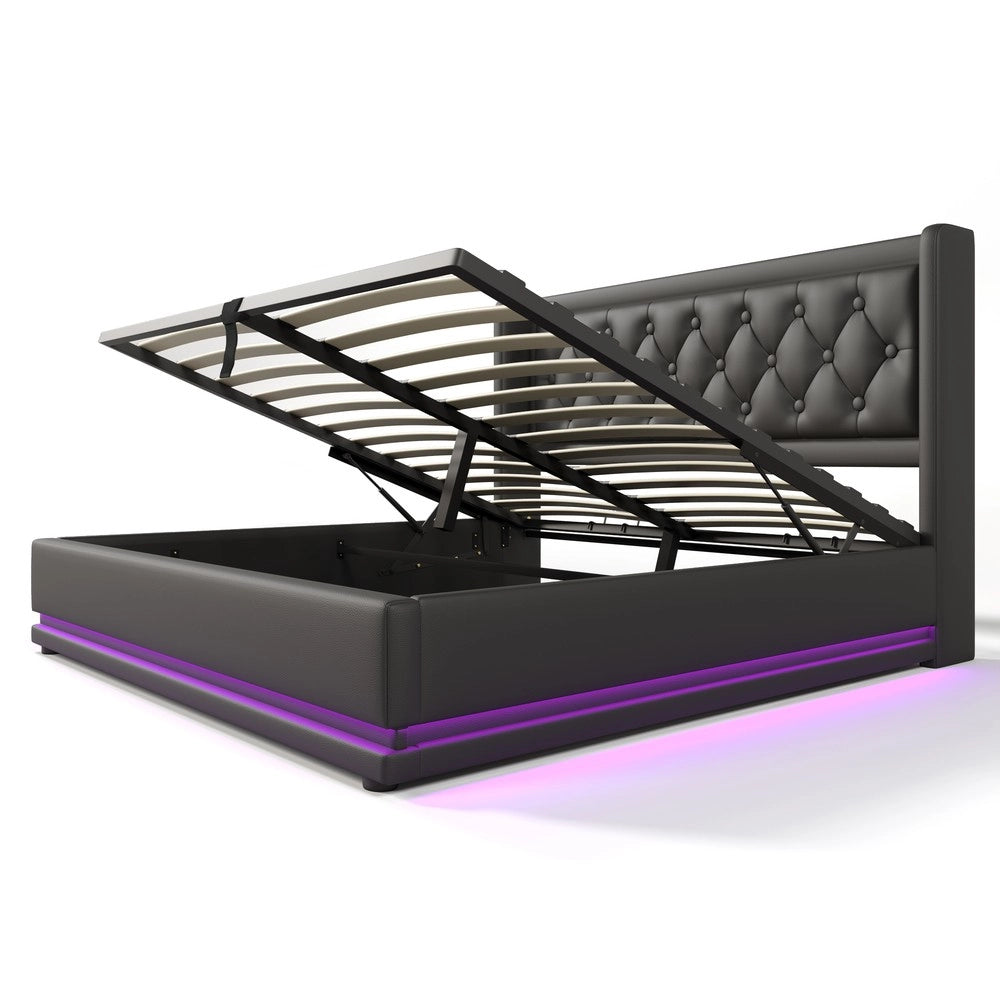 Letto Imbottito Contenitore Matrimoniale LED USB con Materasso ¨C MINIMAL ¨C Nero 140x200 Idraulico