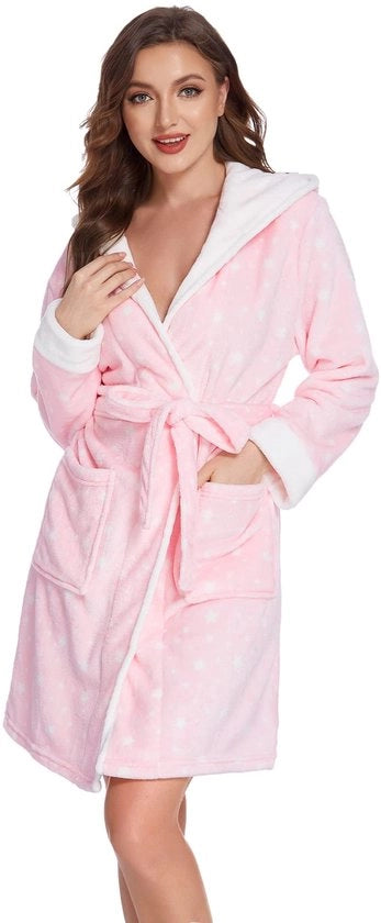 Vestito da Bagno Donna in Felpa Fluffy, Capuchino, Cappuccio, Pantaloncini Corti, Felpa Sauna Spa, Roba da Bagno Rosa, Dimensione XL