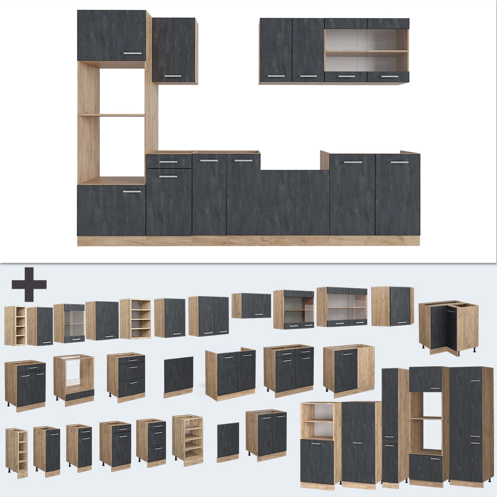 Cucina componibile R-Line Calce nera/Rovere dorato 300 cm PL Marmo Vicco