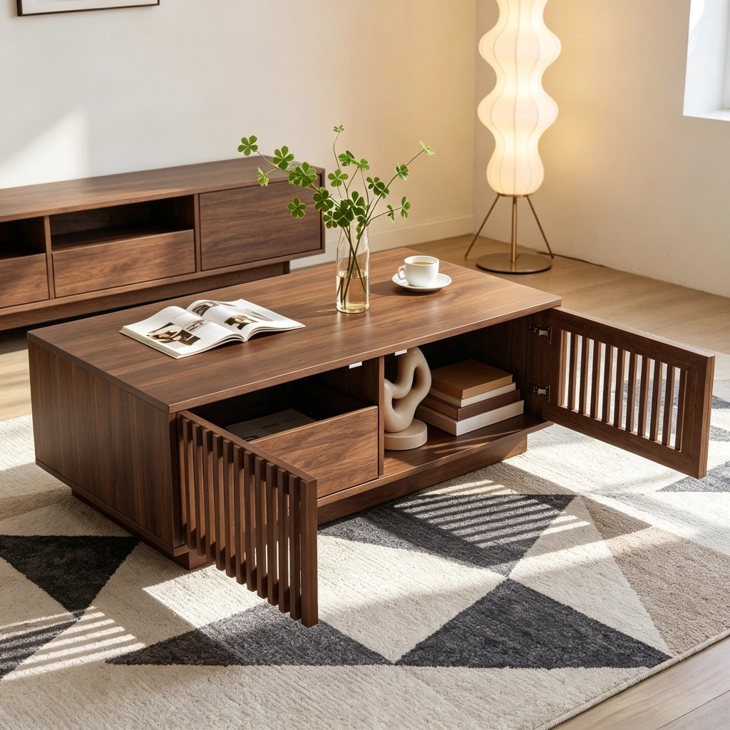Tavolino basso con 2 ante a griglia e 2 vani contenitore, per soggiorno, in MDF e truciolare, noce, 100 × 50 × 35 cm