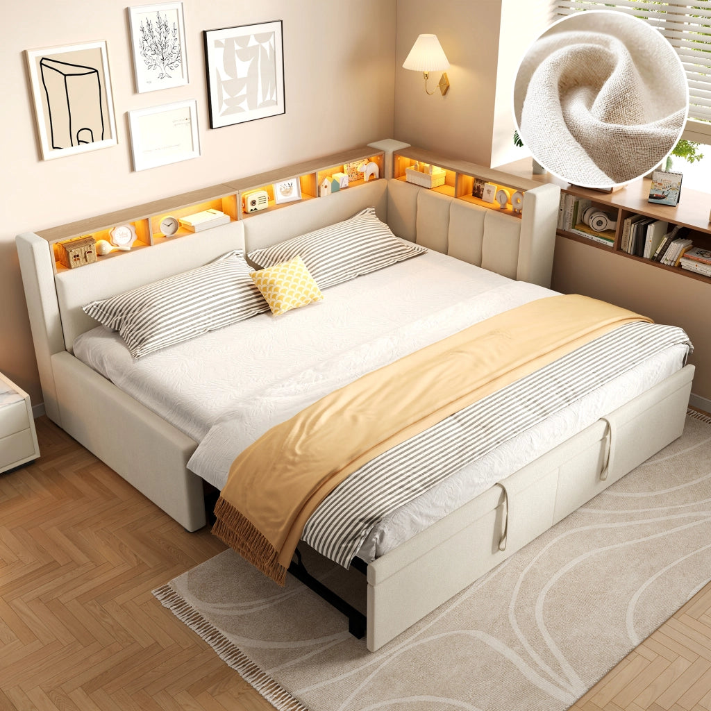 Letto singolo estraibile 90x200 cm in lino e MDF; beige; con LED e testiera contenitore