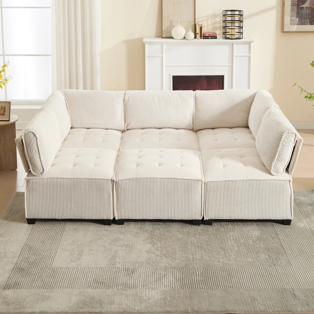 Divano Modulare 6 Posti Trasformabile con Design Ergonomico e Tasche Laterali, in Velluto a Coste Beige 308 × 154 × 81.99 cm