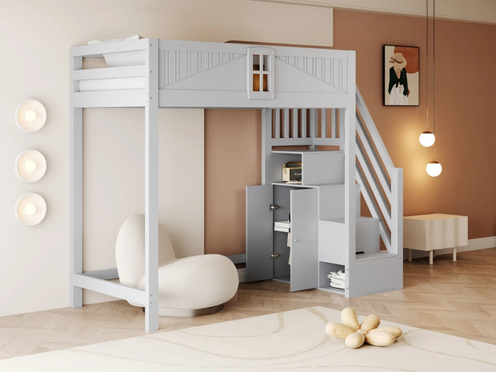 Letto a soppalco in legno massello 90 x 200 cm con scala laterale reversibile, vano contenitore integrato e protezione a finestra, grigio