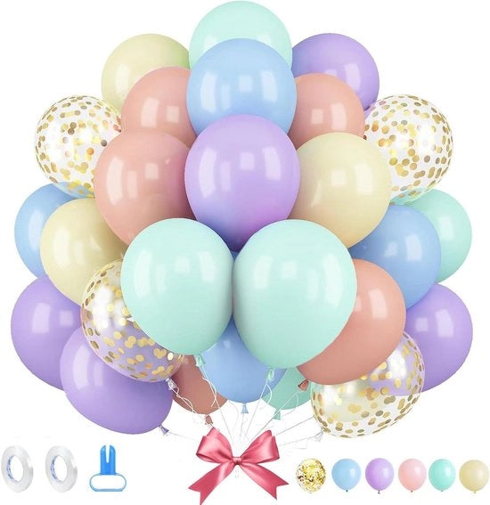 Allettamento Plus - 90 pezzi di palloncini per elio 12 pollici in 6 colori con nastri e nodi - ideale per compleanni, San Valentino, feste per bambini e decorazioni di matrimoni.