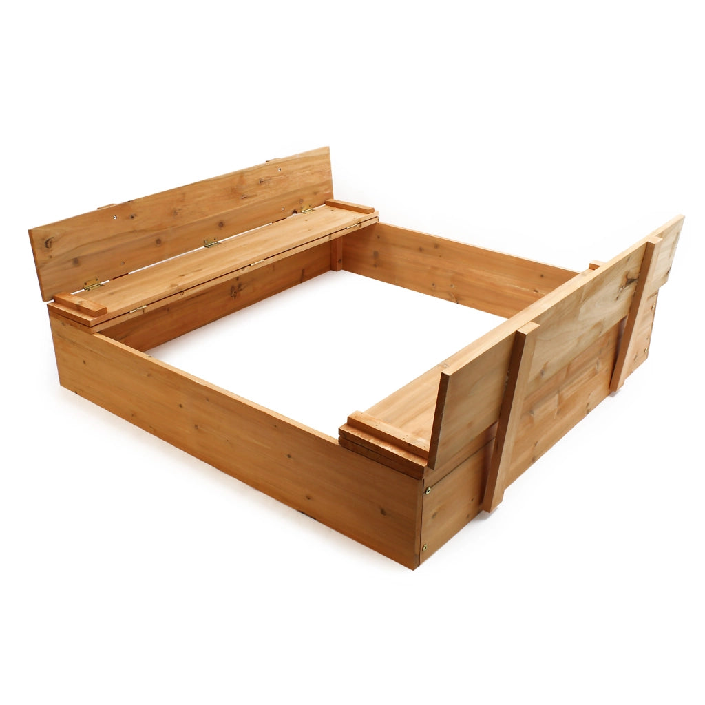 Sabbiera in legno 98x98x18 cm con coperchio ribaltabile e panchine Sabbionaia