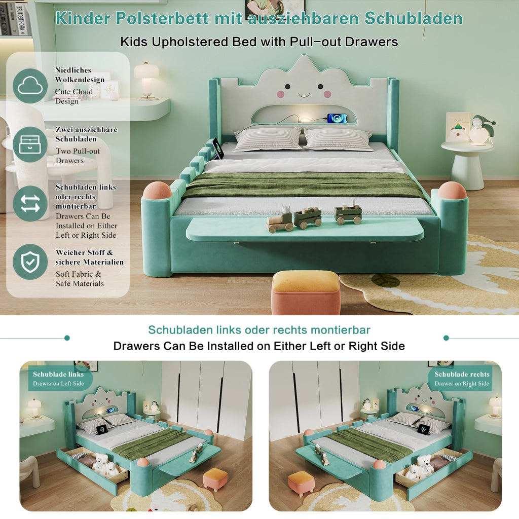 Letto per bambini 140 × 200 cm con lampada da lettura e USB, cassetto contenitore, senza materasso, velluto blu-verde