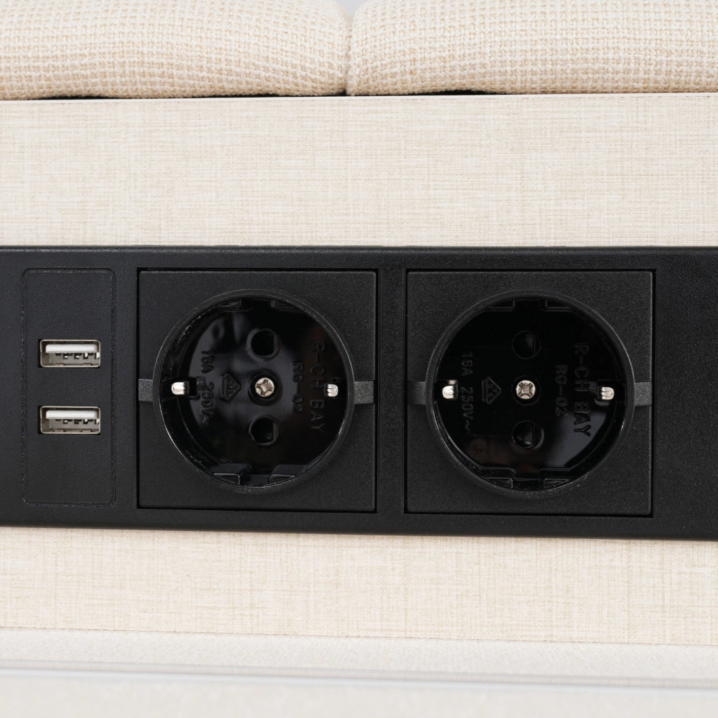 Letto singolo 90x200 cm con USB; prese; LED e 2 cassetti; beige