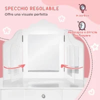 Tavolo da Trucco per Bambini con Sgabello e Triplo Specchio, in Legno e Acrilico, 63x40x85.5 cm, Bianco