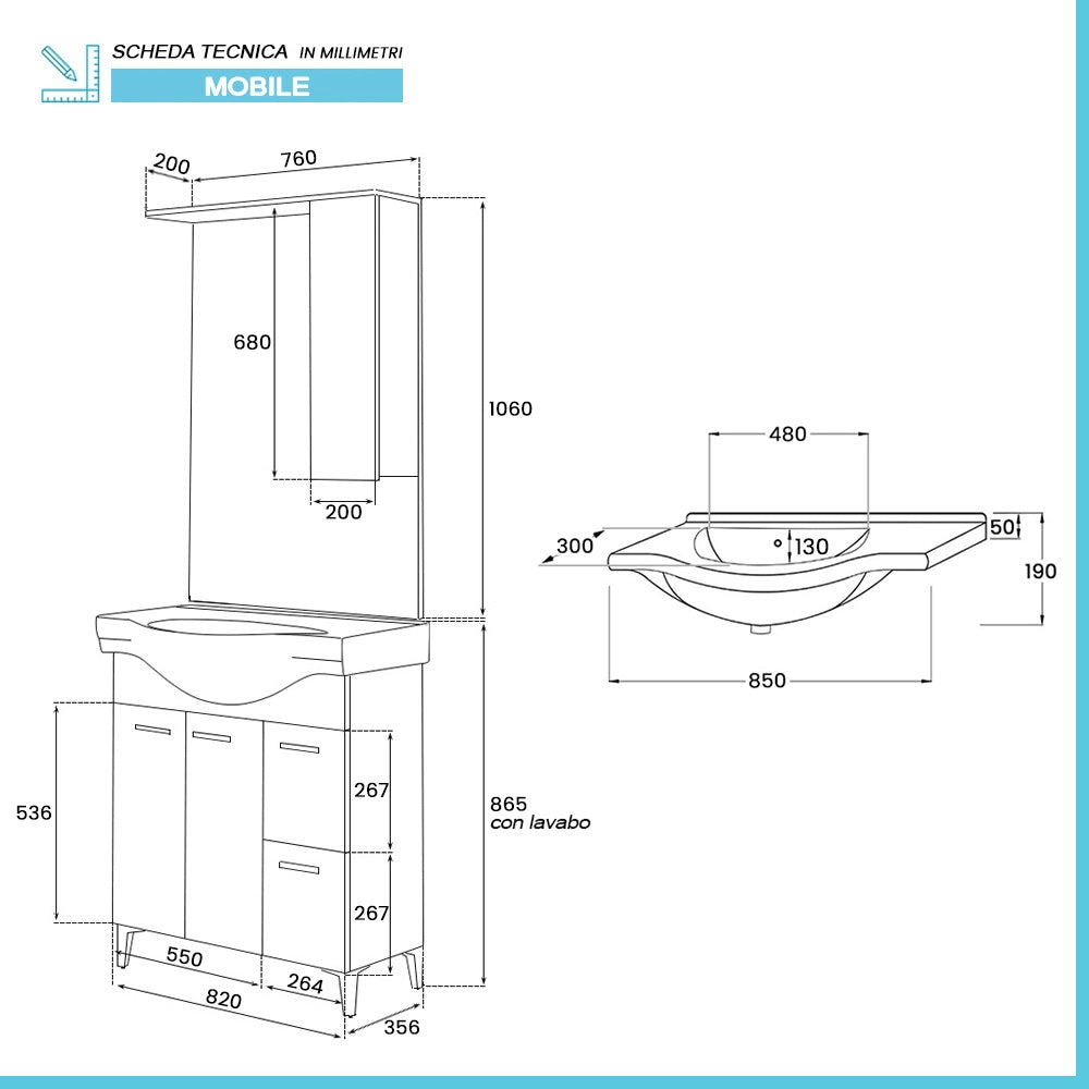 Mobile bagno a terra 85 cm rovere dolomite con pensile su specchio LED Desya