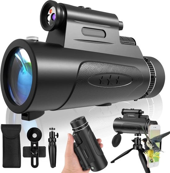 Telescop Monoculare HD 80x100 con Illuminazione – con Orecchino per Smartphone e Tripode – per Caccia, Osservazione degli Uccelli e Stelle – Nero