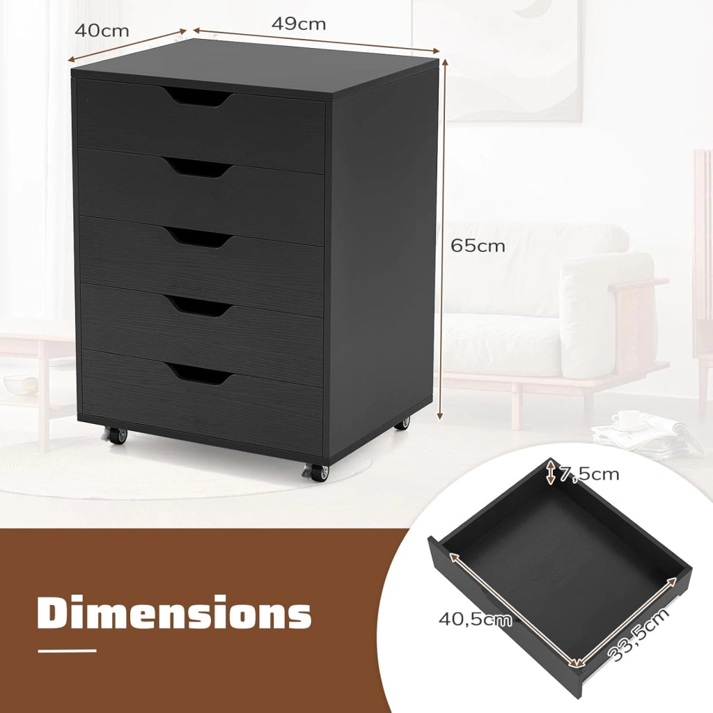 Cassetto da scrivania mobile con 5 cassetti da ufficio, mobile da ufficio, organizer con ruote, supporto per stampante per cartelle, documenti, documenti, carta, 48 x 39,5 x 69,5 cm (Nero)