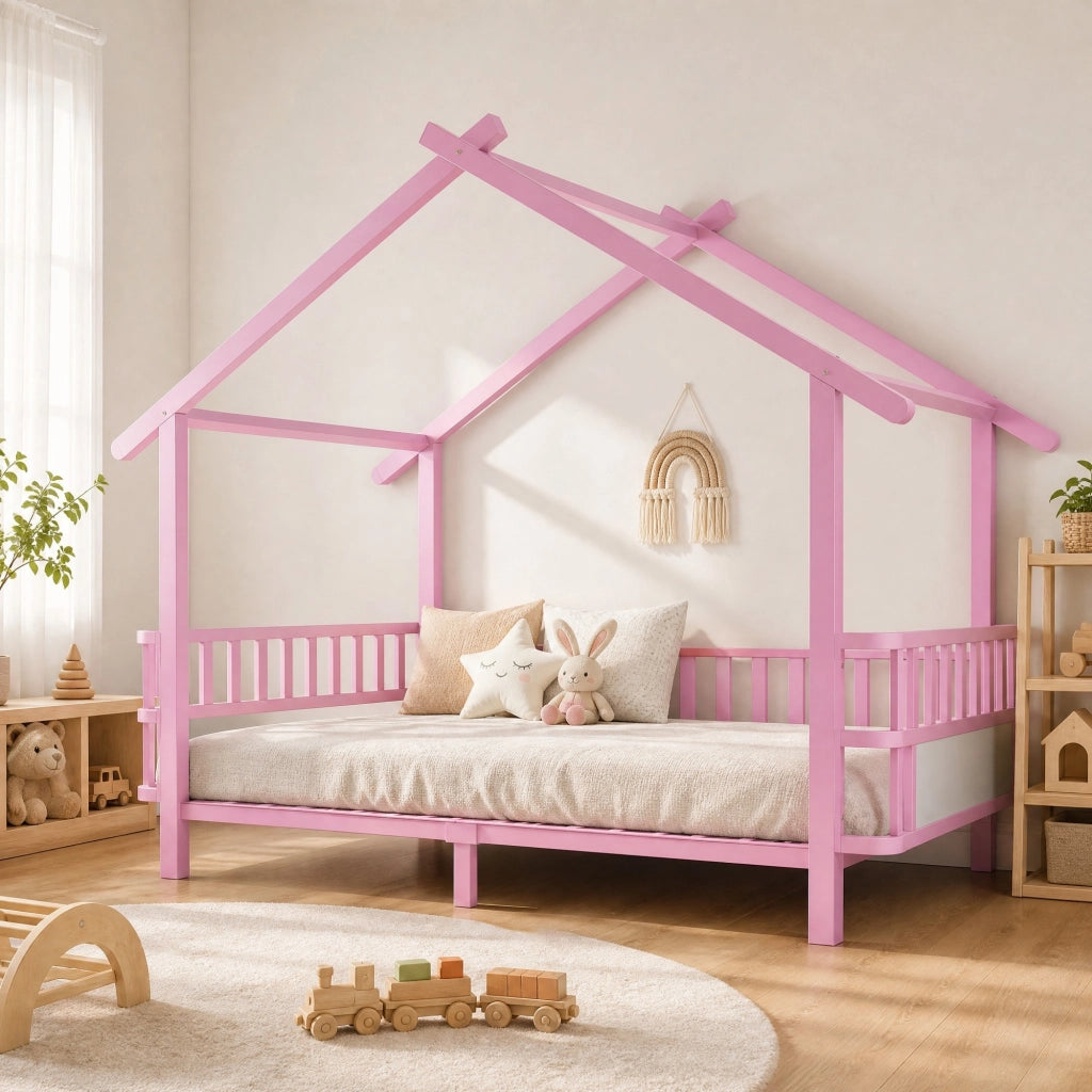 Letto per bambini in metallo a forma di casa 90 x 200 cm, con sbarre di sicurezza, design a tetto, rosa
