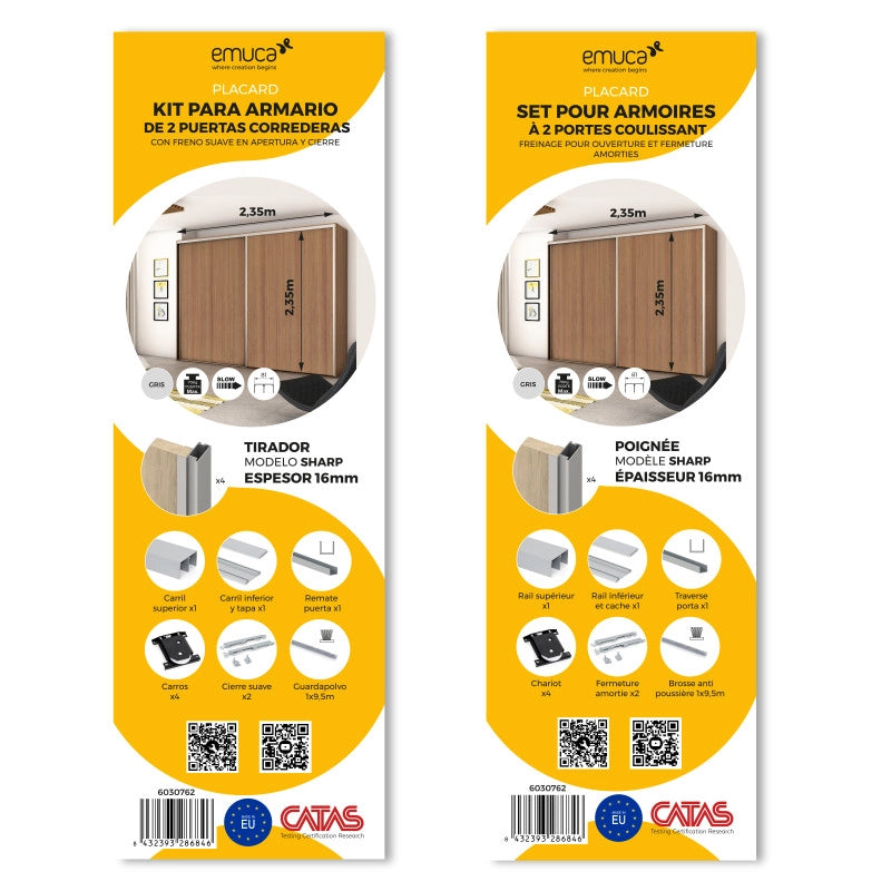 Kit di ferramenta per armadio a 2 ante e chiusura ammortizzata Placard 81, Profilo Deep, spessore 18 mm, pannelli non ..