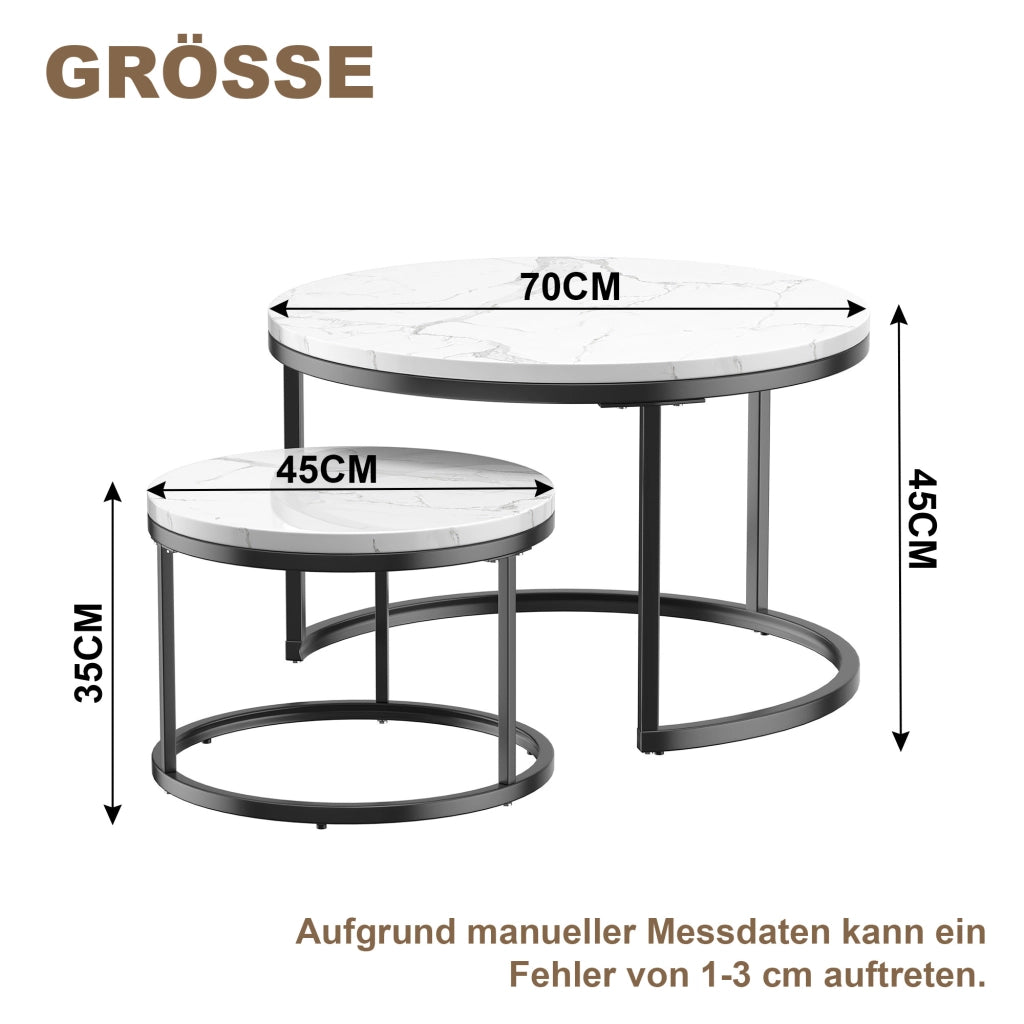 TAVOLINI DA CAFFÈ Set 2 Pezzi 70x70x45 cm Effetto Marmo Bianco con Struttura Nera