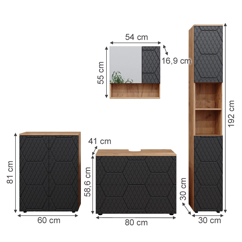 Vicco Set mobili bagno Antracite con struttura a nido d'ape 4 pezzi, con cassettiera e mobile midi