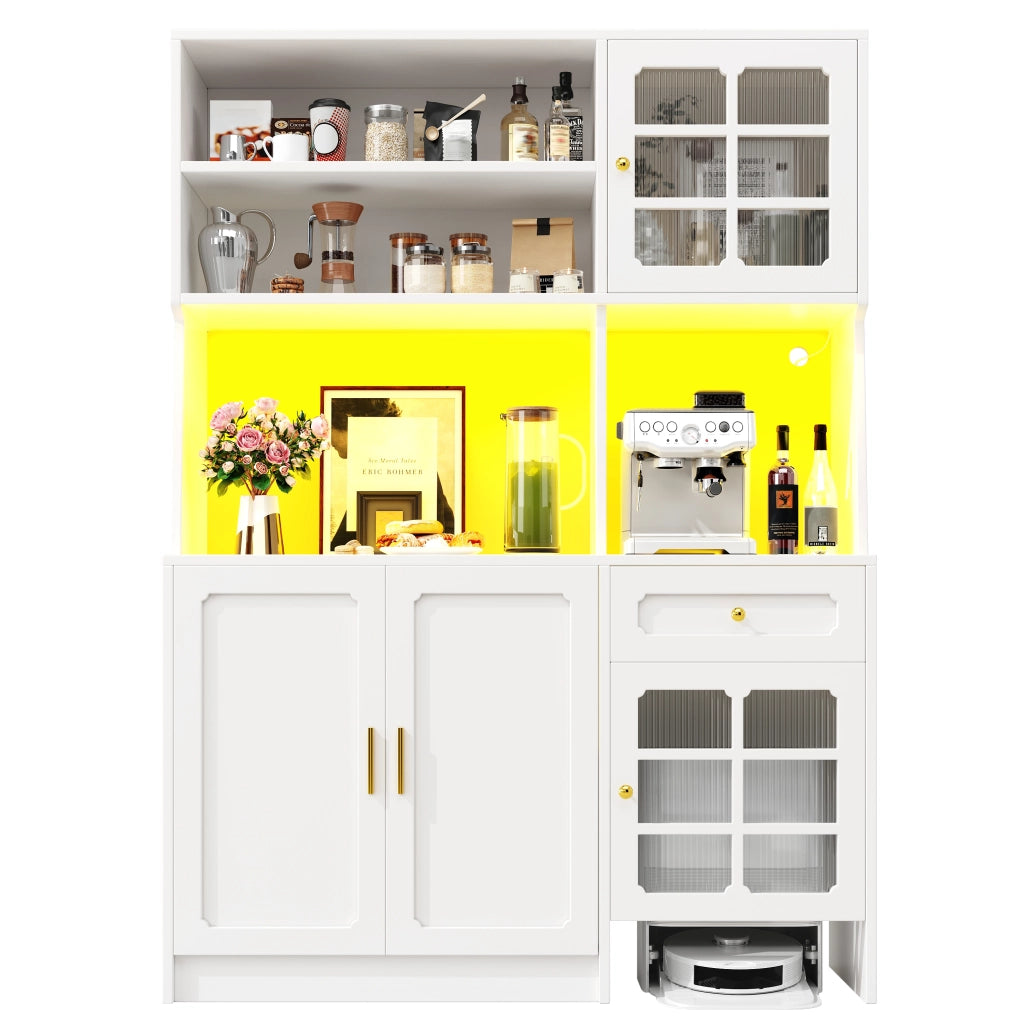 Armadio Cucina con Ante in Vetro e LED ¨C MINIMAL ¨C Bianco, 130x45x180 cm