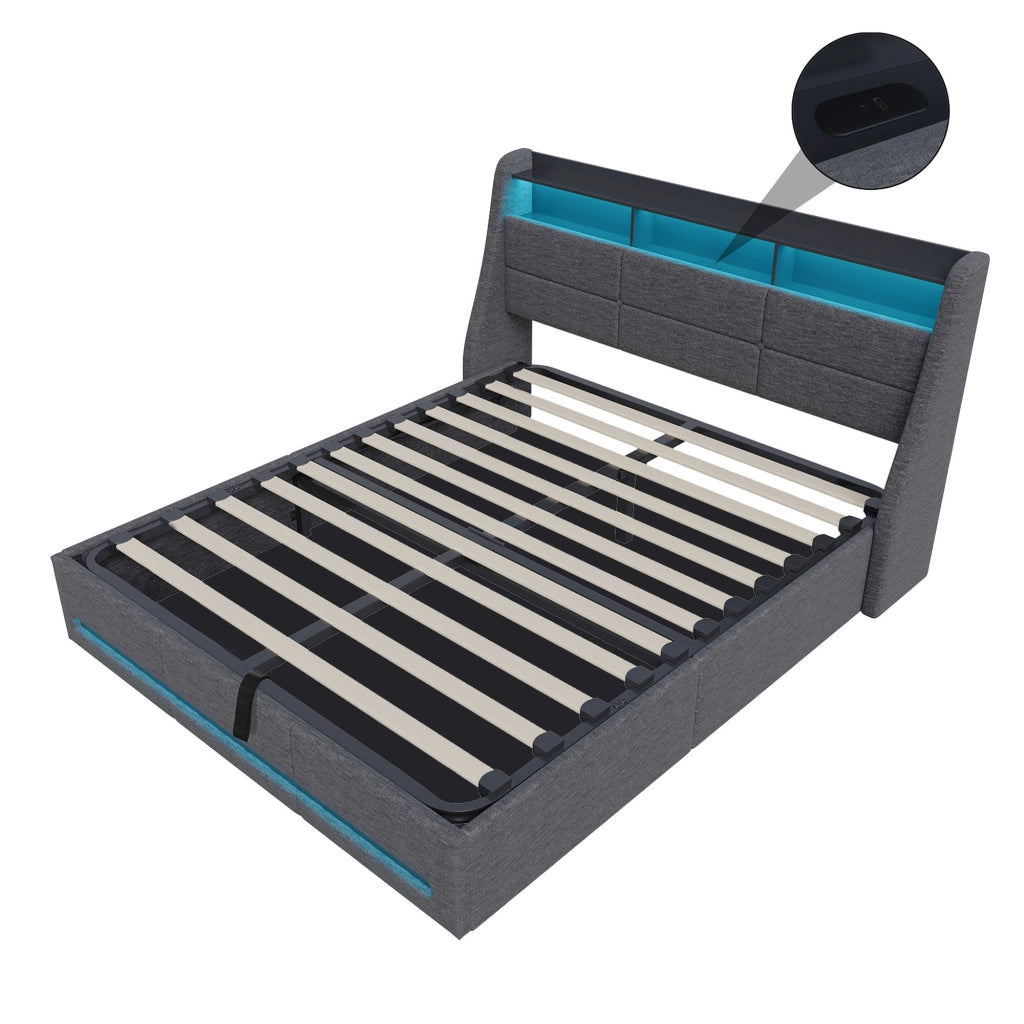 Letto matrimoniale con contenitore idraulico 140×190 cm, tessuto grigio, effetto sospeso LED RGB, testiera con vani, ricarica USB e USB‑C