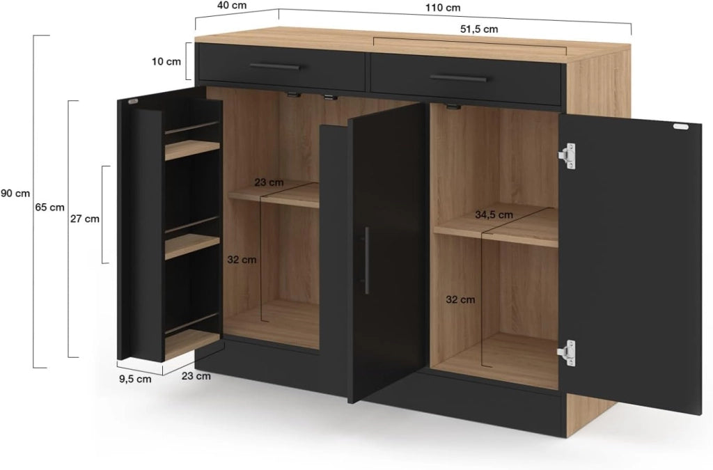 Cassettiera bassa da 110 cm ALTO con contenitori effetto faggio e nero