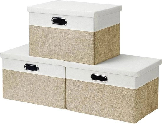 Cassetti di archiviazione con coperchi - Cassetti per mensola - Contenitori di stoffa pieghevoli - Organizzatore per casa e ufficio - Mocassino chiaro - Bianco - Piccolo - 33 x 22 x 18 cm - 3 pezzi