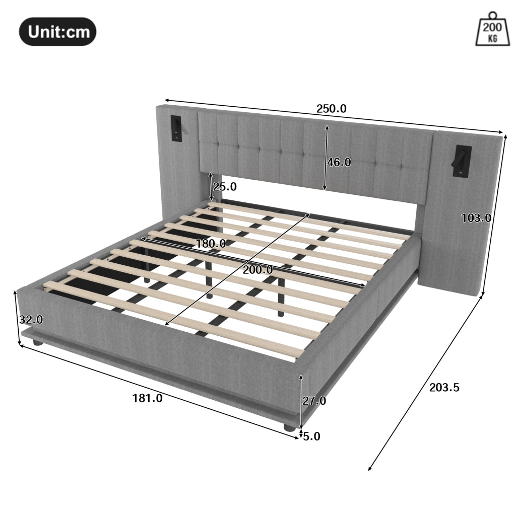 Letto imbottito 180x200 cm grigio con LED, USB e spot
