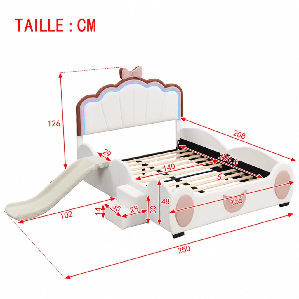 DESMIU Letto per bambini 2 posti con scivolo, scala e LED regolabile 140 × 200 cm, senza materasso, rosa e bianco