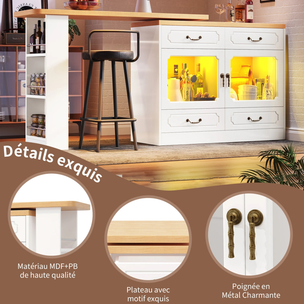 Tavolo Alto Estensibile con 4 Cassetti; Piano Girevole a 360° e LED; in MDF; Bianco e Naturale; 135×39×92.8 cm