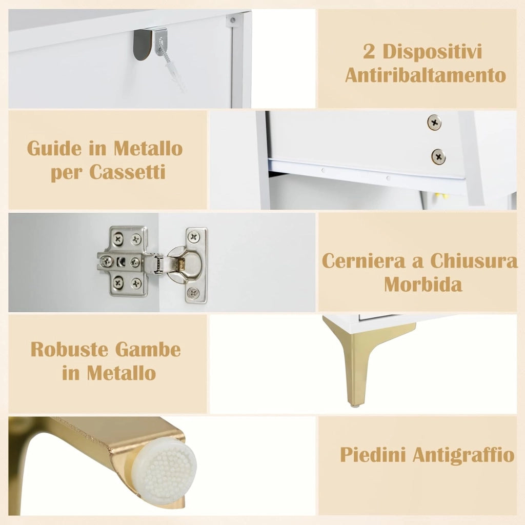 Cassettiera Credenza Camera da Letto a 3 Cassetti, Mobile con Ante e Scomparto con Vetrina Ribaltabile, Comò per Ingeresso, Soggiorno e Cucina, 80 x 40 x 95,5 cm, Bianco