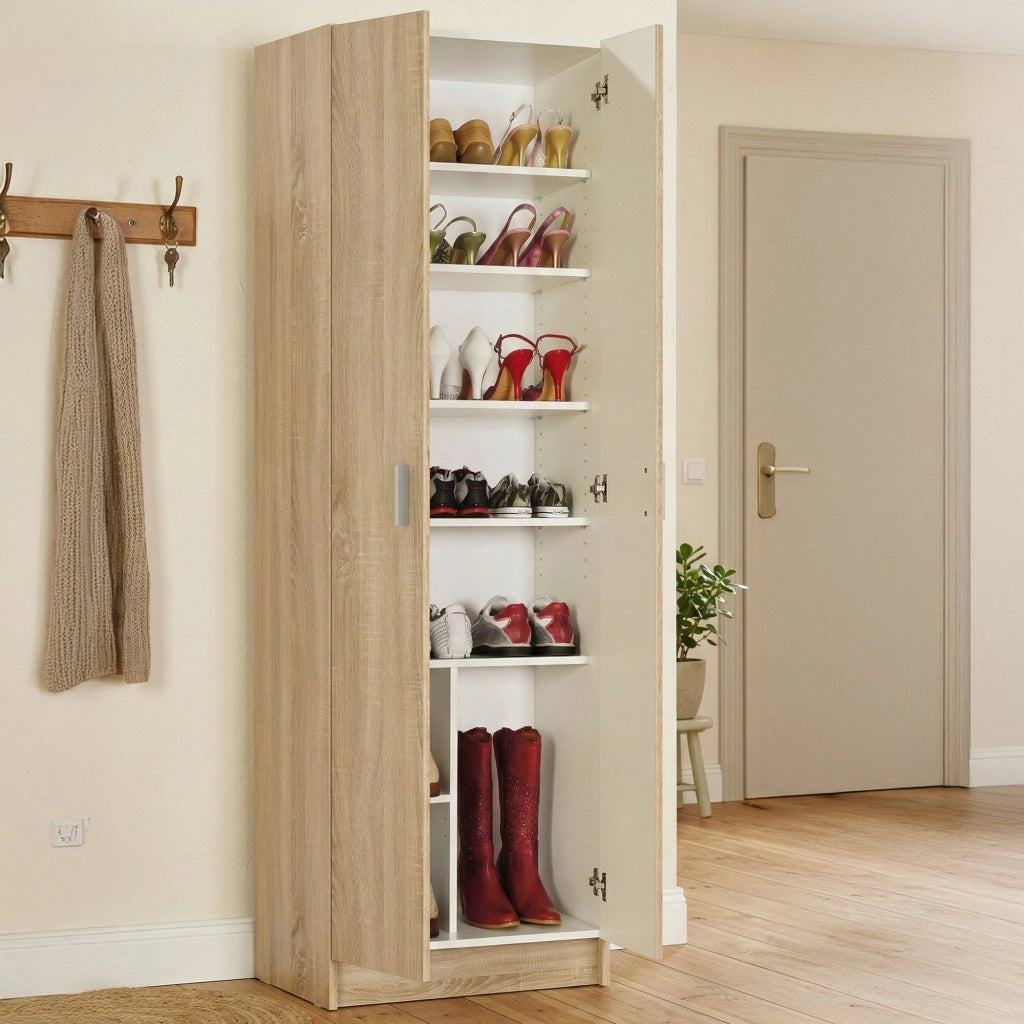 Armadio multiuso Altiplano, Mobile ausiliario a 2 ante, Guardaroba portascarpe moderno, Scarpiera verticale, cm 59x37h180, Rovere