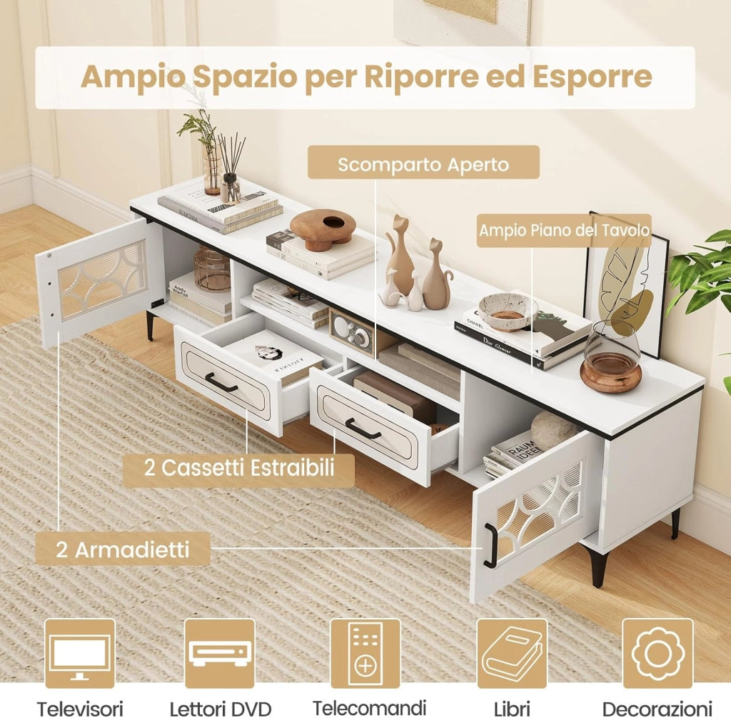 Mobile TV in Legno per Televisori Fino a 80", Mobile Porta TV 180 cm con 2 Cassetti, 2 Armadi e Scomparto, 7 Gambe Metalliche Rialzate, Consolle Media per Soggiorno (Bianco)