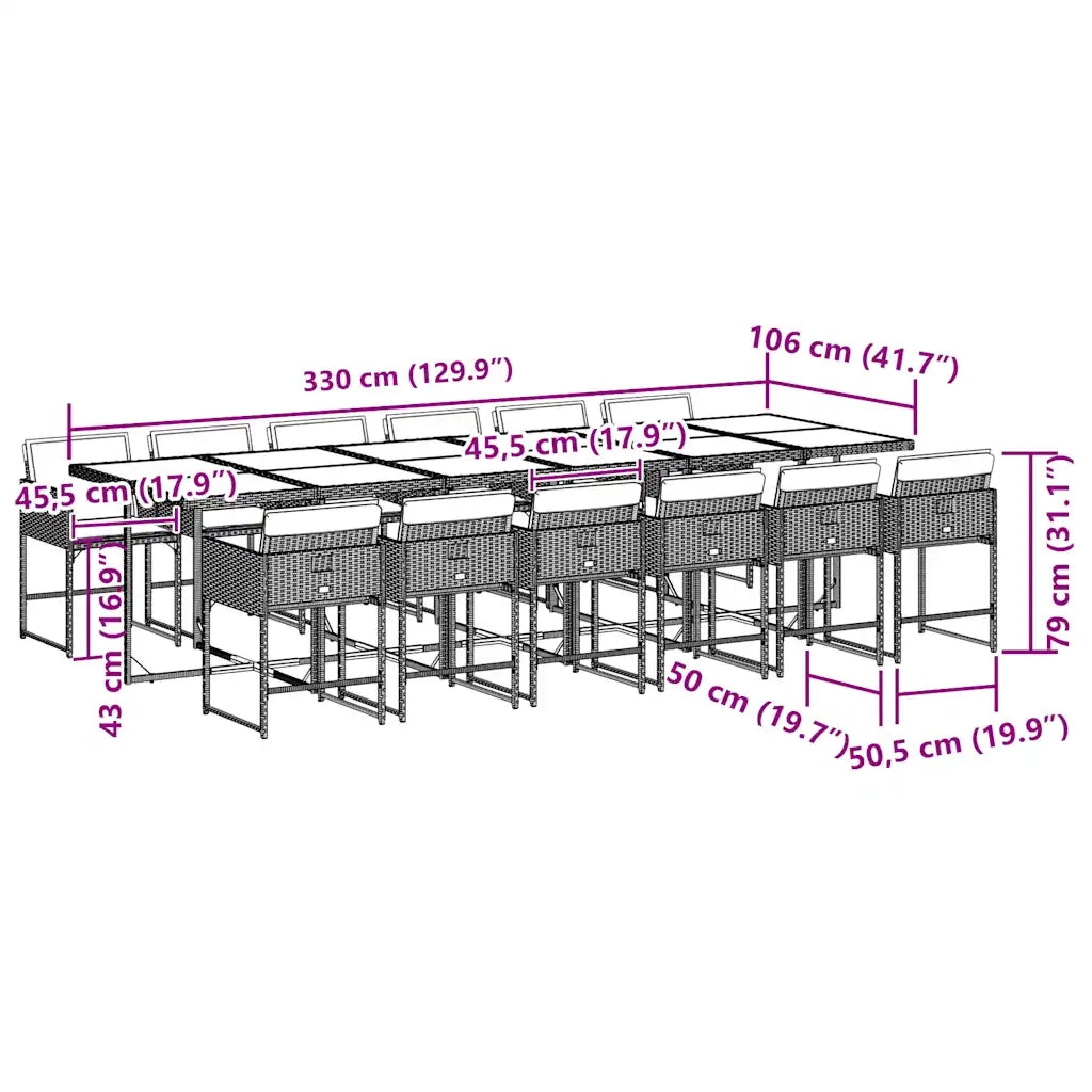 Set da Pranzo da Giardino 13pz con Cuscini Grigio in Polyrattan