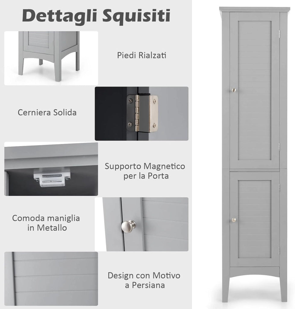 Mobile da Bagno Alto con 2 Ante, Armadio da Terra con 5 Vani, Mobile Colonna per Bagno Cucina Soggiorno, 37 x 37 x 160 cm (Grigio)
