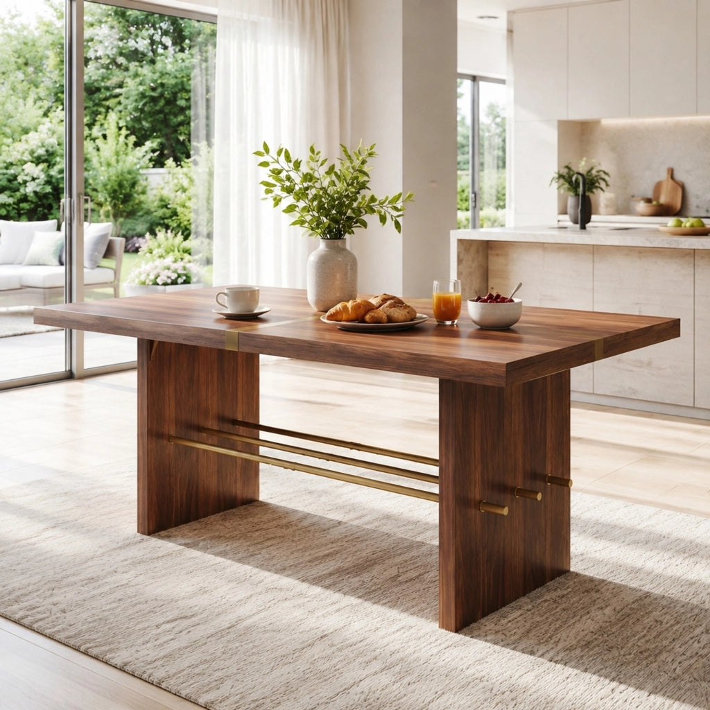 Tavolo da pranzo 180x75 cm per 6-8 persone; in MDF effetto noce con dettagli oro