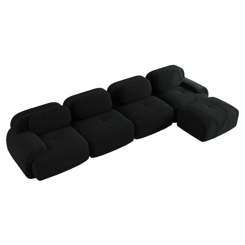 Divano angolare modulare in velluto a coste; seduta ergonomica; braccioli curvi; senza montaggio; nero